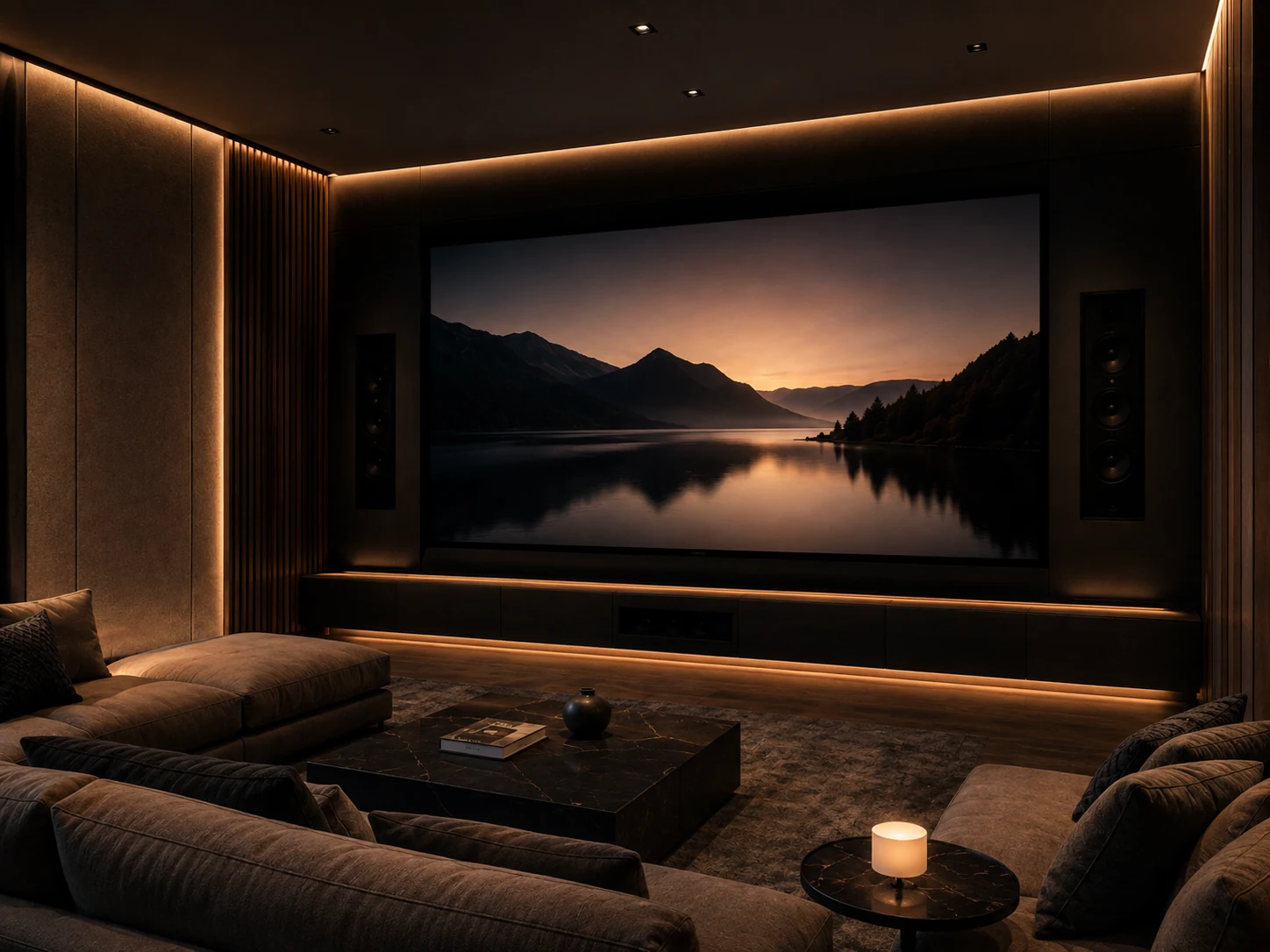 Salle de cinéma privée photoréaliste avec écran et intégration audio discrète