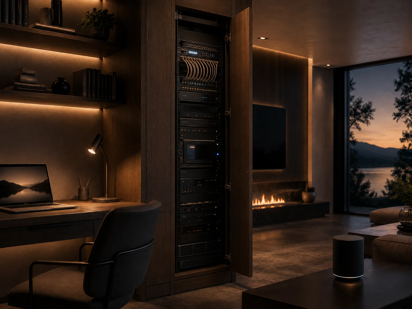 Rack audiovisuel et réseau intégré dans un meuble avec porte d’agencement ouverte